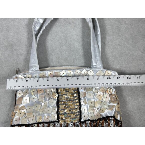 Handcrafted Statement Silver Satin Purse with Buttons & Beads Embellishments - Picture 8 of 16